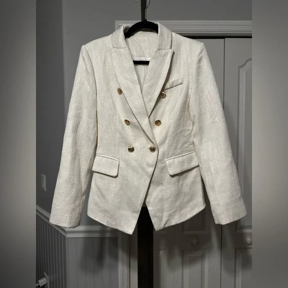 Tweed Cream Double-Breasted Blazer - Picture 2 of 6